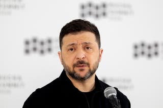 Ukraine's president Volodymyr Zelensky addresses the media during the Bucha Summit in Bucha on 31 March 2026